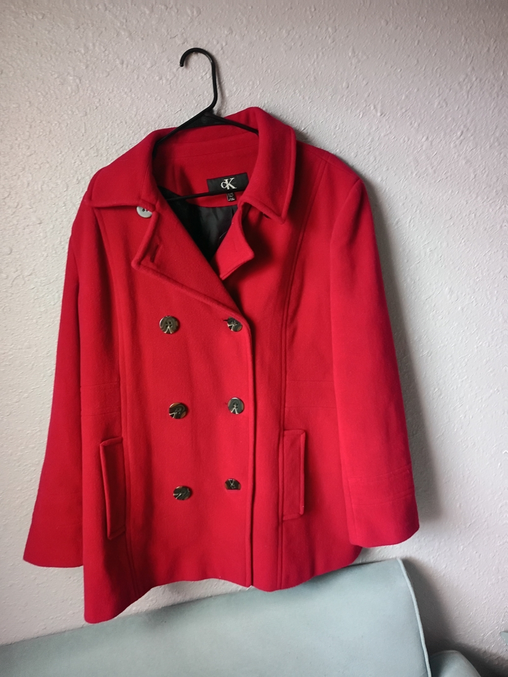 Calvin Klein Red Double-Breasted Wool Blend Peacoat